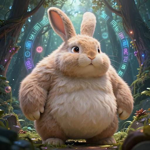 Digital artwork of a chubby, fluffy brown and white rabbit with large ears, standing in a mystical forest, surrounded by glowing neon symbols and soft sunlight filtering