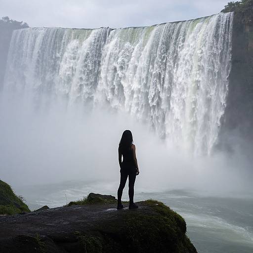 Silhouetted woman standing on rocky ledge, gazing at massive, illuminated waterfall in misty, overcast sky. Photograph captures awe and natural