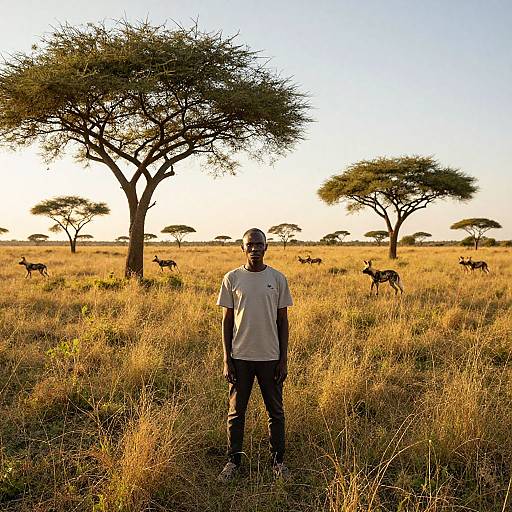 Photograph of a Black man in a white t-shirt and black pants standing in a sunlit savannah with acacia trees and grazing antelopes