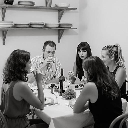Black and white group dinner scene