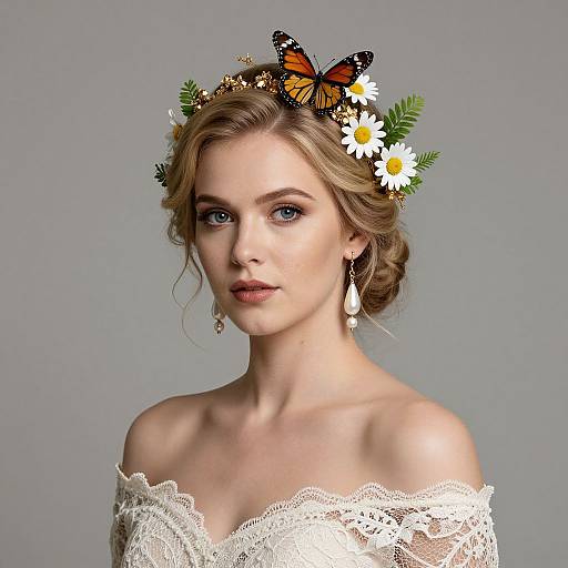 Photograph of a fair-skinned, blue-eyed woman with wavy blonde hair, wearing an off-shoulder white lace top, floral and butterfly