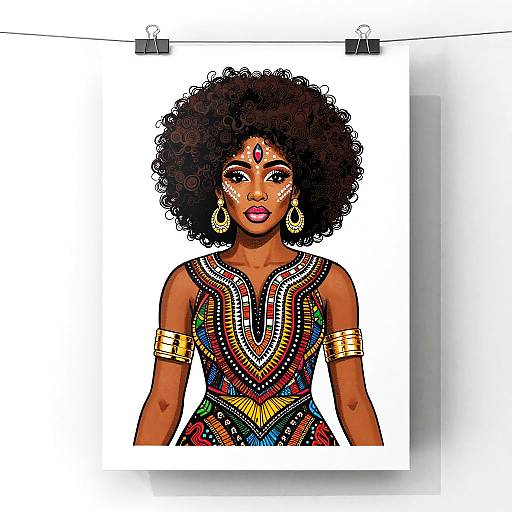 Digital illustration of a confident Black woman with a large Afro, colorful beaded dress, gold armlets, and hoop earrings, hanging on a white board