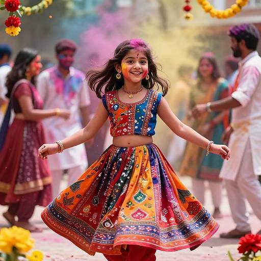 Photograph of a joyful Indian girl dancing in a colorful, traditional saree with intricate patterns, surrounded by festival-goers in vibrant attire.