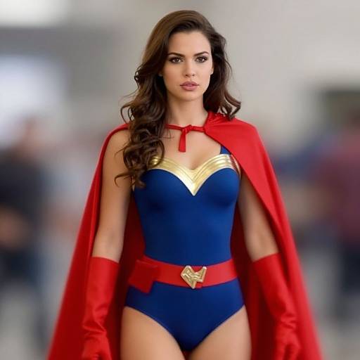 Photograph of a brunette woman in a blue Wonder Woman costume with gold chest plate, red cape, and gloves, standing confidently against a blurred indoor background