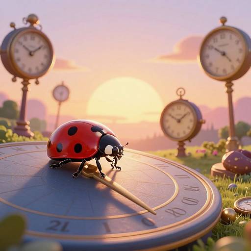 Digital artwork of a red ladybug with black spots on a sundial, surrounded by four vintage-style clocks against a sunset sky.