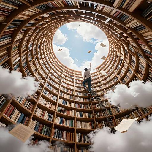 Digital artwork of a person climbing a towering, circular library with books, sky, and clouds, books falling, and papers floating.