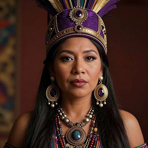 Photograph of a woman with dark skin, long black hair, wearing a vibrant purple and gold feathered headdress, ornate jewelry, and mult