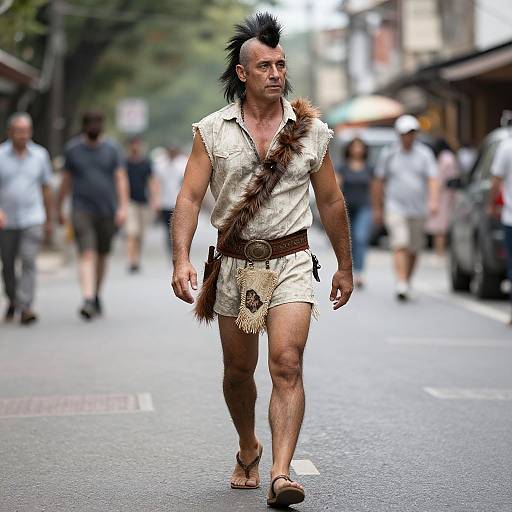 Photograph of a muscular man with a black mohawk, wearing a fur-trimmed, white, ancient-style outfit, walking confidently down a busy