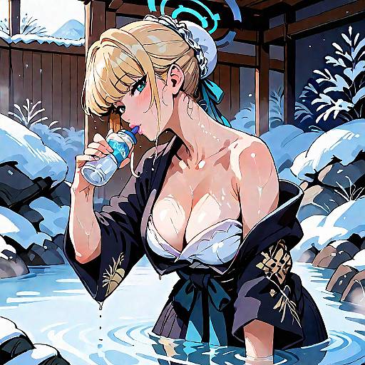 Anime Girl Drinking Water in Winter Onsen