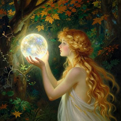 Digital painting of a fair-skinned, long-haired blonde woman in a white, flowing dress, gently holding a glowing, luminescent moon in a