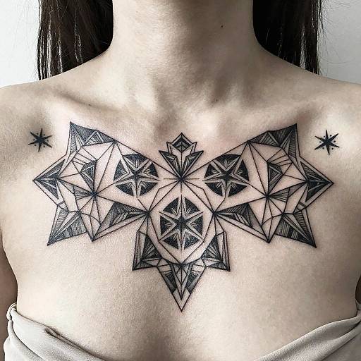 Photograph of a light-skinned person's upper chest showing a geometric black tattoo of intersecting triangles and two black star tattoos, with long dark hair