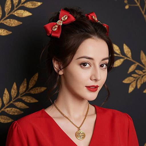 Photograph of a fair-skinned woman with dark hair, red lipstick, red bow headband, red dress, gold leaf background, and gold necklace