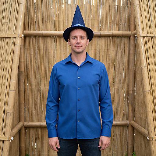 Photograph of a man with a blue shirt, black pants, and a dark blue witch hat, standing in front of a bamboo fence.