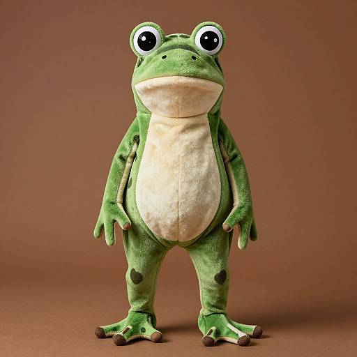 Photograph of a plush green frog with large black eyes, white belly, and brown toes, standing against a plain brown background.