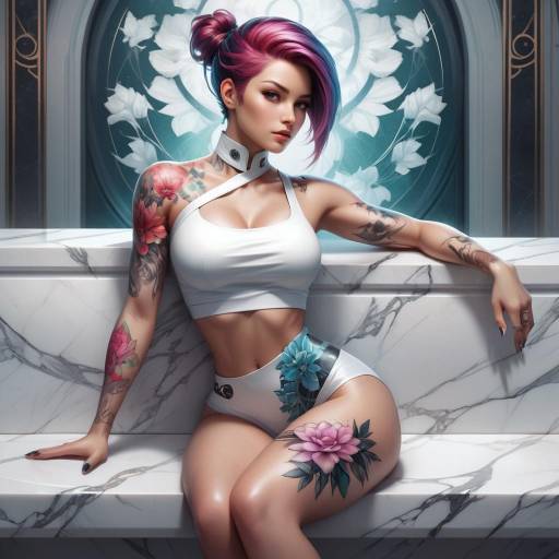 Woman with Floral Tattoo on Marble Bench Woman with Floral Tattoo on Marble Bench