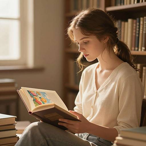 Photograph of a young woman with fair skin and brown hair in a ponytail, wearing a white blouse, reading a colorful children's book in a