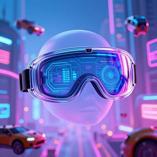 Neon-lit cityscape photograph with a transparent, futuristic VR headset displaying blue holographic interfaces, floating in front of glowing skyscrapers and yellow