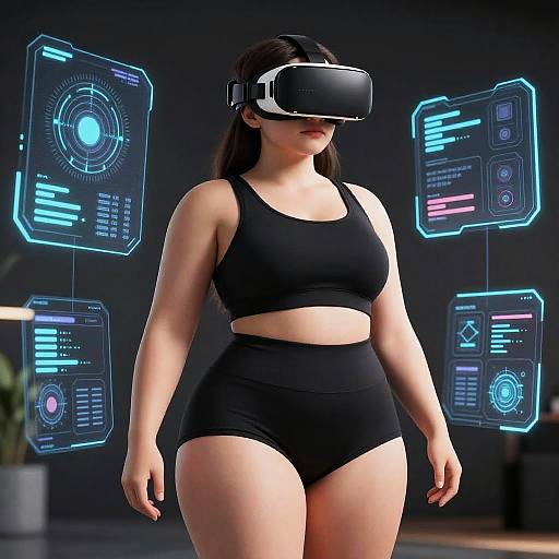 CGI image of a curvy woman with pale skin, wearing a black sports bra and high-waisted underwear, and a virtual reality headset,