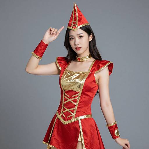 Asian woman in red and gold medieval-inspired costume with pointed hat, corset, and wristbands, posing against a gray background.