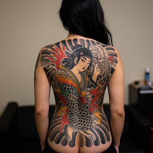 Photograph of a woman with long black hair, back facing camera, showcasing a vibrant, detailed koi fish and woman tattoo on her back.