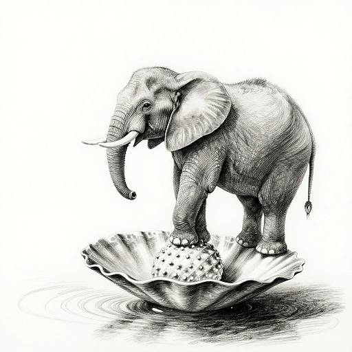 Surreal Pencil Drawing of Elephant on Floating Seashell