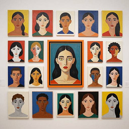 Digital painting of 15 diverse portraits in vibrant colors, featuring various ethnicities, genders, and expressions, arranged in a grid. Central portrait has black