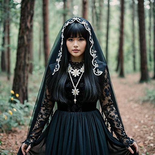 Woman in Black Llorona Costume in Forest