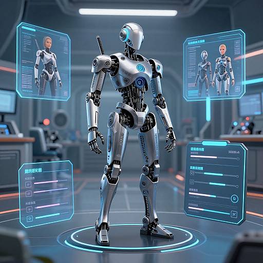 Digital CGI image of a silver humanoid robot standing on a glowing blue platform in a futuristic control room, surrounded by holographic screens displaying data and two human