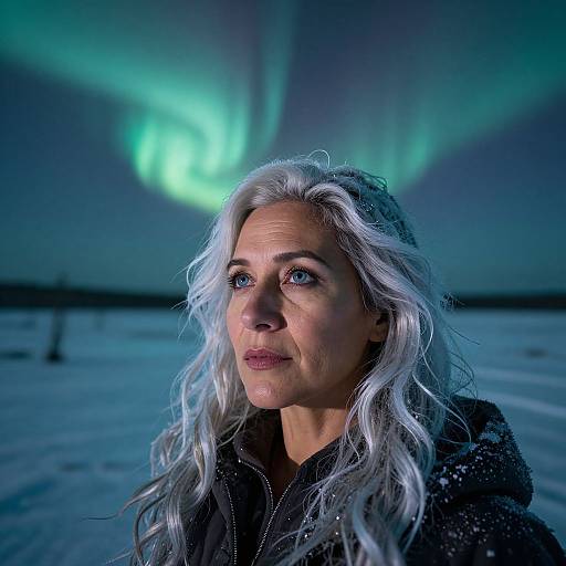Photograph of a middle-aged woman with long, wavy white hair, blue eyes, and fair skin, standing in a snowy landscape at night,