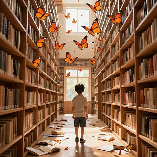 Photograph of a child in a library, back view, surrounded by floating orange butterflies, standing between tall bookshelves, sunlight streaming from a window