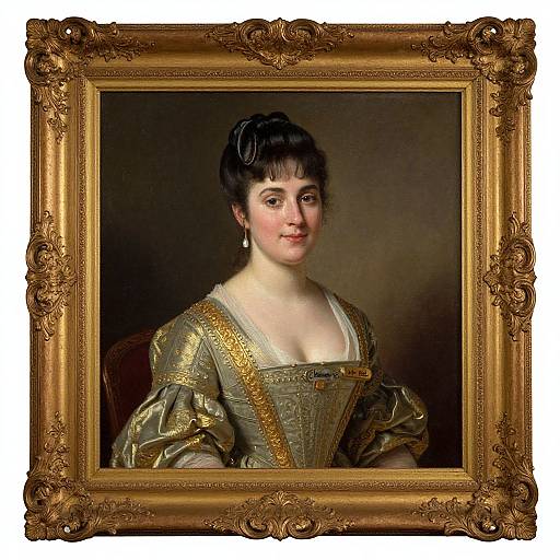 Photograph of a classical oil painting, framed in an ornate, gold, Baroque-style frame. The portrait features a young woman with fair skin