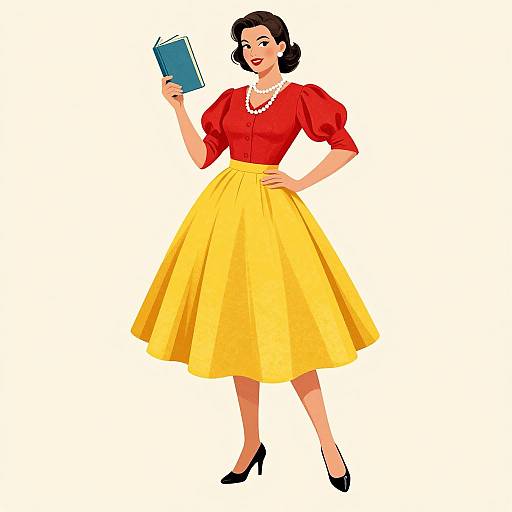 Illustration of a smiling woman with black hair, red blouse, yellow skirt, pearl necklace, black heels, holding a blue book.