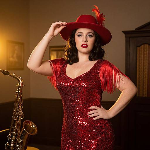 Confident Woman in Red Sequin Dress and Hat