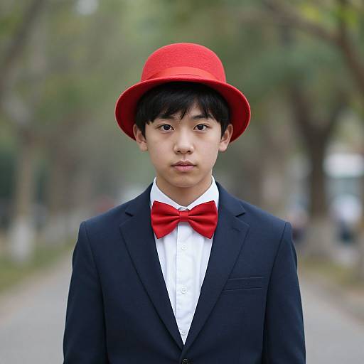 Photograph of an Asian teenage boy wearing a bright red bowler hat, black suit, white shirt, and red bow tie, standing on a blurred