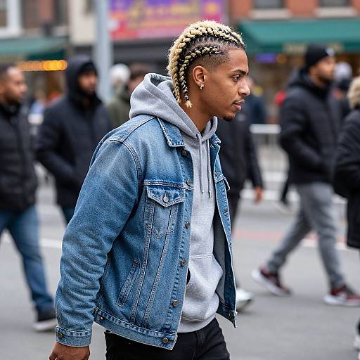 Photograph of a young Black man with bleached, braided hair, wearing a denim jacket and gray hoodie, walking in a busy urban street,