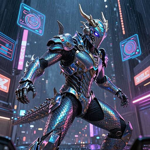 Cybernetic dragon warrior in neon-lit, rainy cityscape. Glowing blue and pink holographic signs, metallic scales, sharp horns,