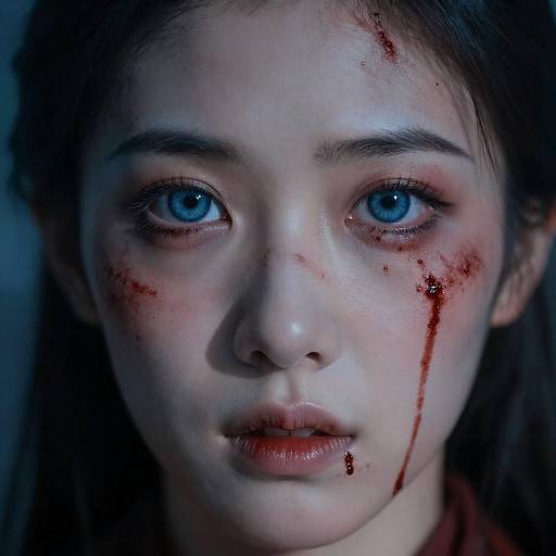 Dramatic Close-Up: Blood-Smeared Blue-Eyed Portrait