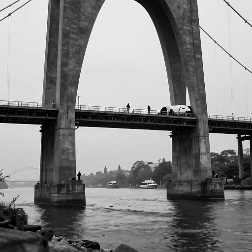 Black-and-white photograph of a bridge with large arches, people walking, river below, and distant trees and buildings in the background.