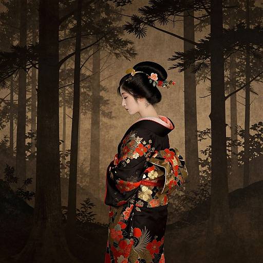 Digital art of a Japanese woman in a black kimono with red and gold floral patterns, standing in a dark forest.