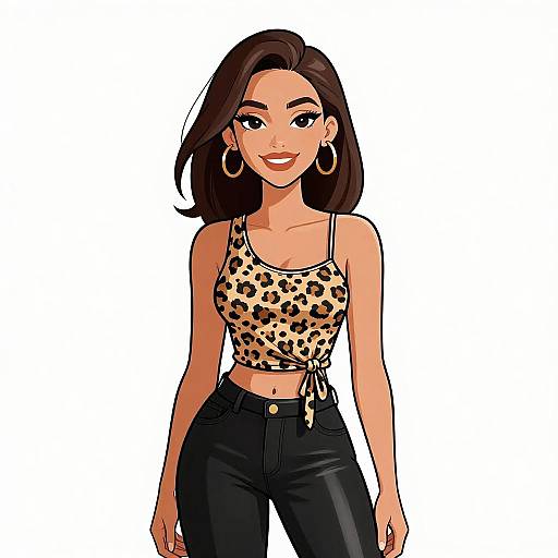 Smiling Woman in Leopard Print Tank and Black Leather Pants