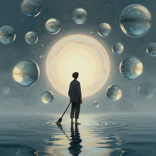 Digital artwork: Silhouetted child with mop stands in water, facing radiant sun, surrounded by floating, glowing bubbles. Reflections ripple beneath.