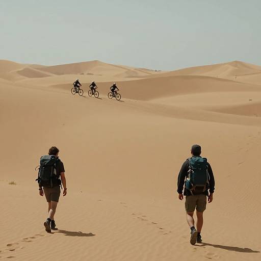 Photograph of two hikers with backpacks following three cyclists on sandy desert dunes under a clear blue sky.