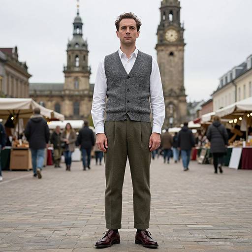 Man in Vintage Attire by Clock Tower