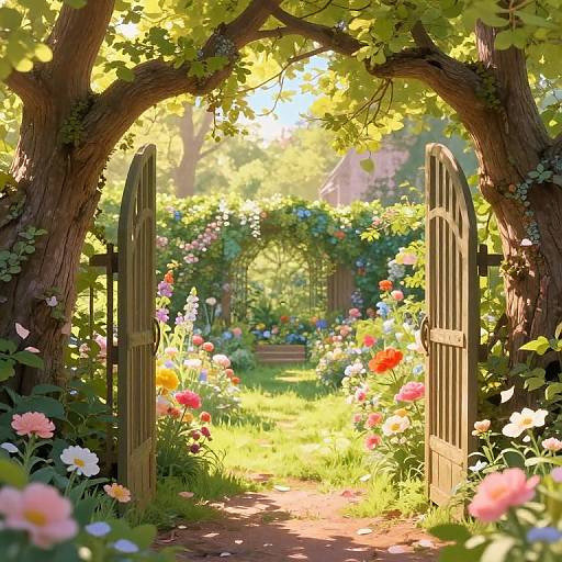 Photograph of a sunlit, lush garden archway with open wooden gates, vibrant flowers, and climbing vines, framed by towering trees.