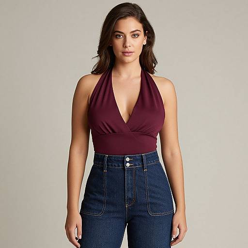 Photograph of a young woman with medium skin tone, dark brown wavy hair, wearing a deep burgundy halter top and high-waisted