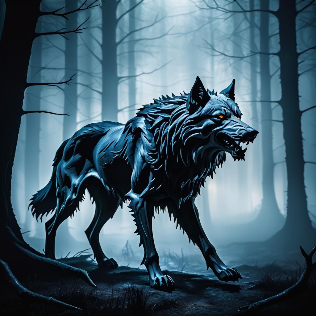 Eerie Zombie Dire Wolf in Foggy Forest