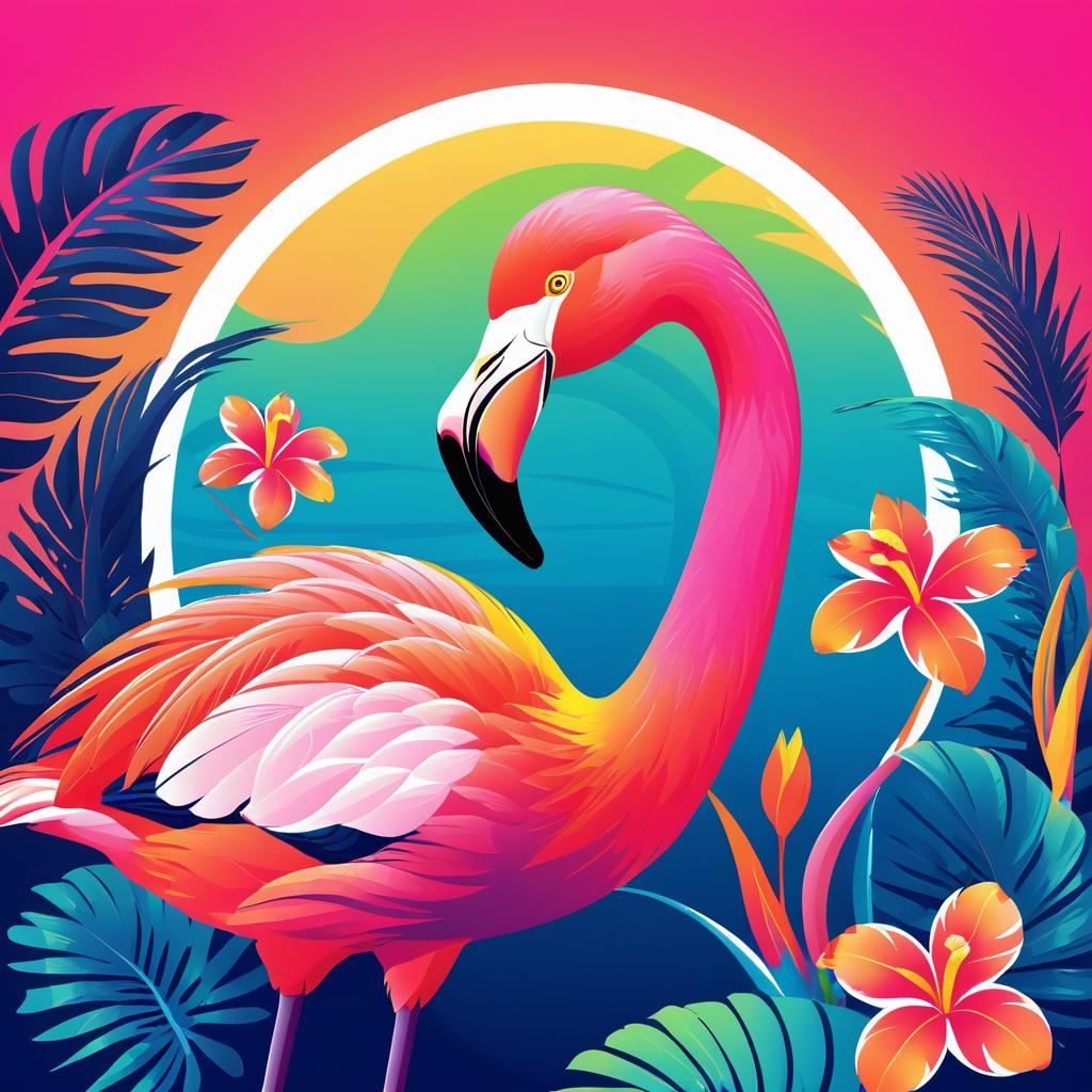 Vibrant Cartoon Flamingo with Tropical Flower