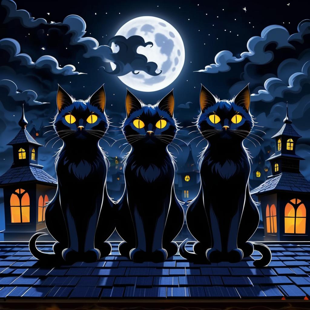 Moonlit Rooftop: Spooky Black Cats