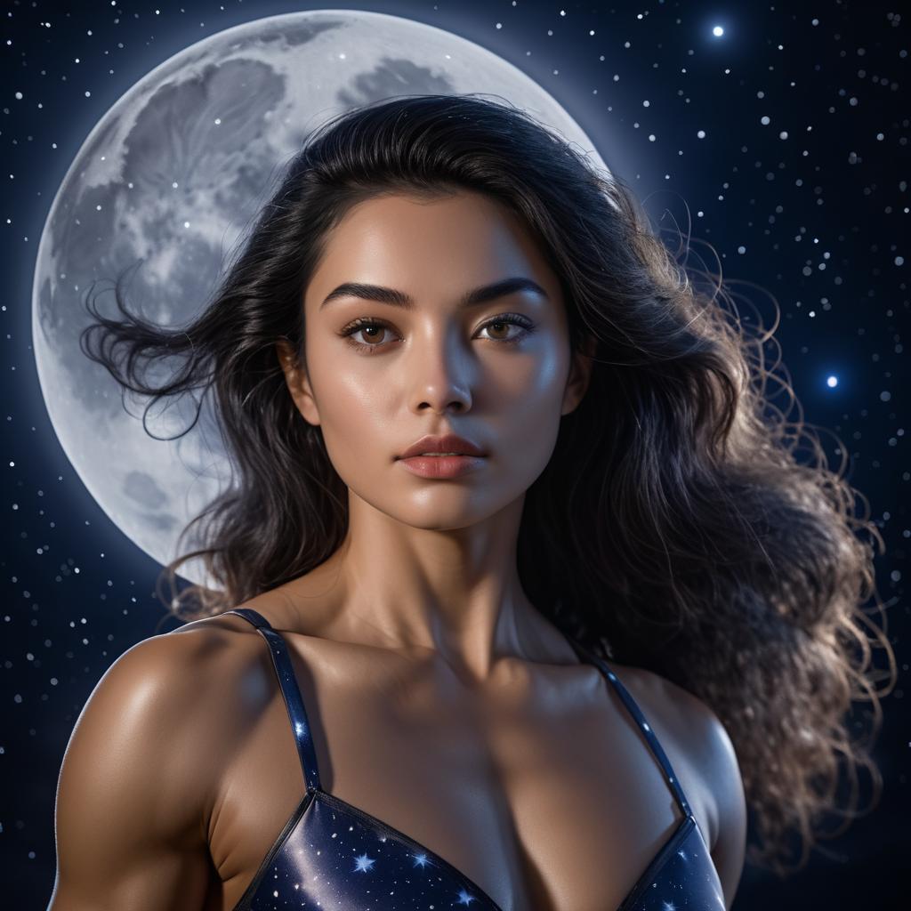 Serene Moon Woman Under Starry Sky