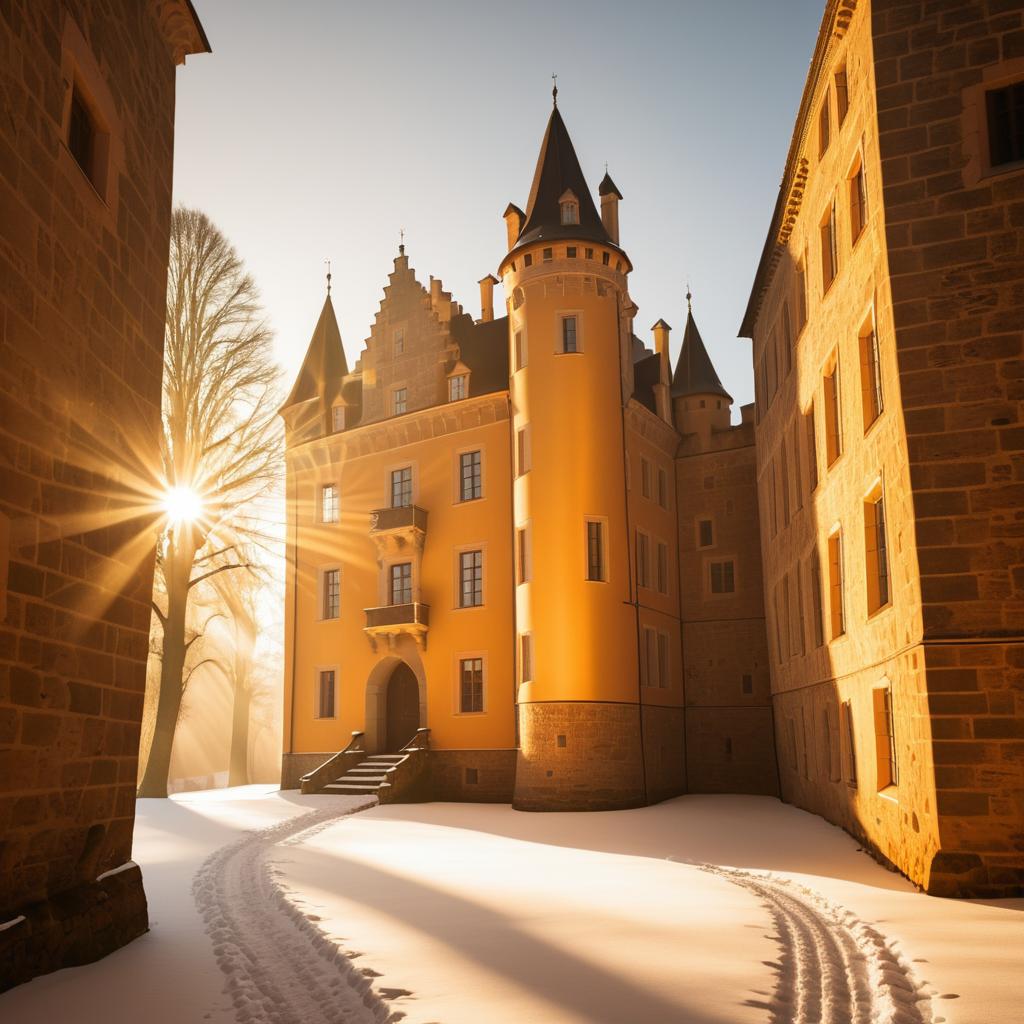 Enchanting Winter Castle with Warm Sunlight